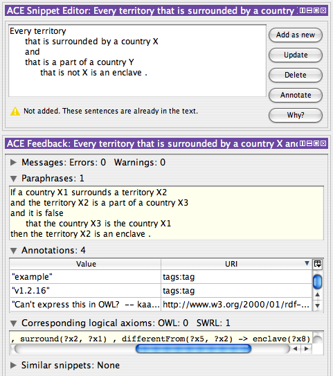 ACE Snippet Editor and Feedback views.