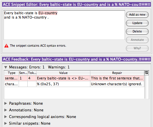 ACE Snippet Editor and Feedback views: Error messages.