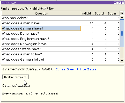 Demo: Zebra Puzzle: Q&A View